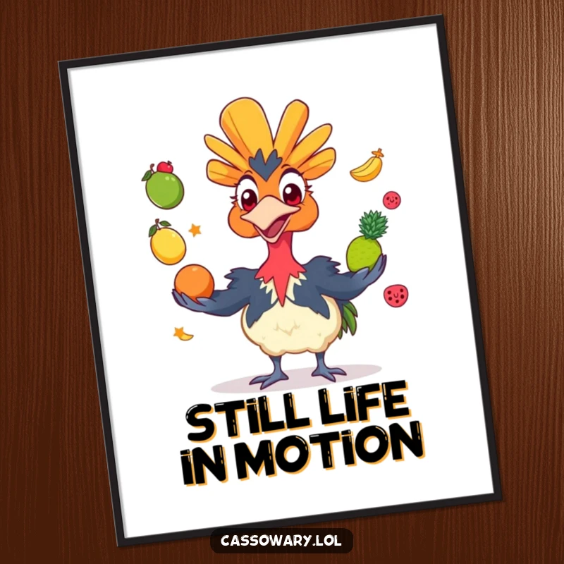Funny cassowary poster of a grinning bird energetically juggling colorful fruits, adding vibrant humor and artistic appeal to any wall.