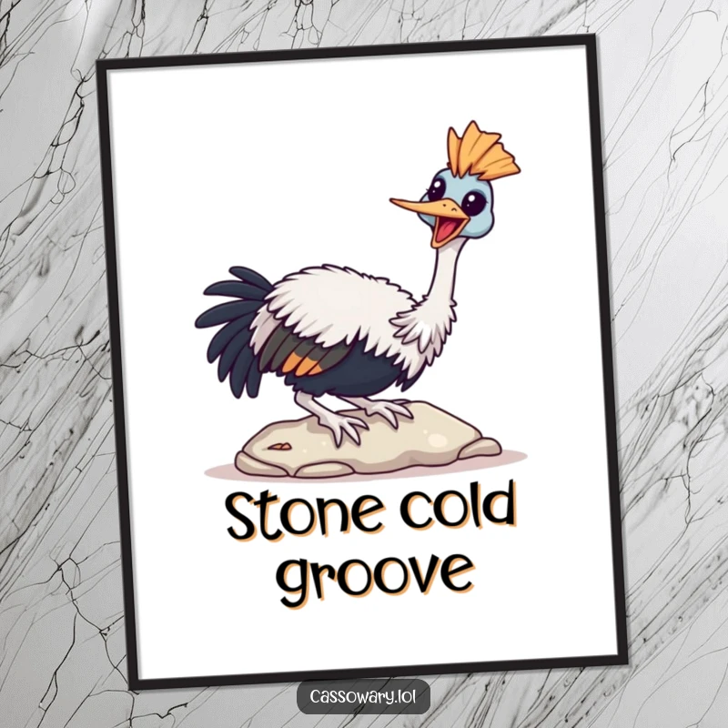 Funny Cassowary Poster displaying a bird joyfully tapping its beak on a stone, symbolizing simple delight.