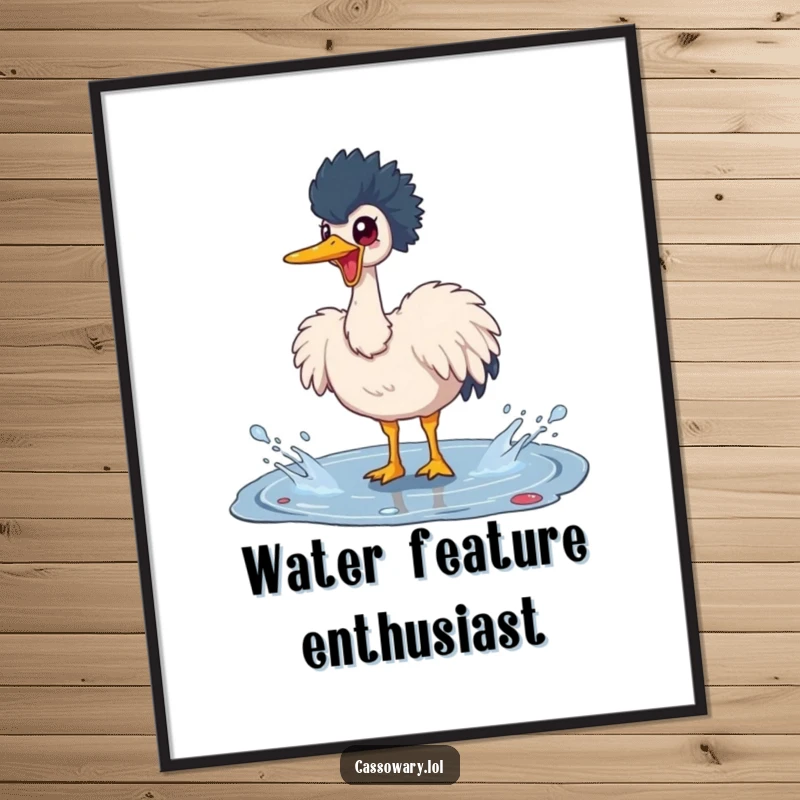 Funny cassowary poster featuring a happy bird joyfully splashing in a puddle, bringing vibrant energy and humor to wall decor.
