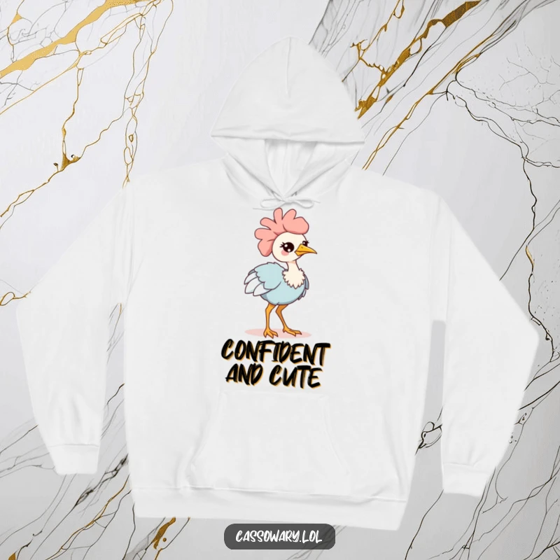 Funny kawaii cassowary hoodie, a warm garment featuring an adorable bird winking and strutting confidently, perfect for cozy and cute style.