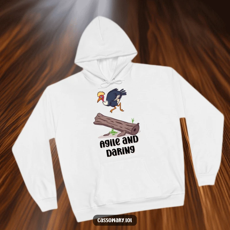 Funny Cassowary hoodie featuring a cassowary leaping over a log with surprising agility, offering warmth and humor.