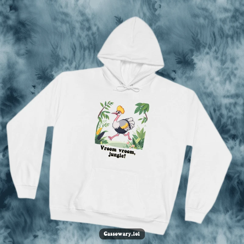 Funny cassowary hoodie illustrating an energetic bird joyfully racing through lush foliage, perfect for cozy, active moments.