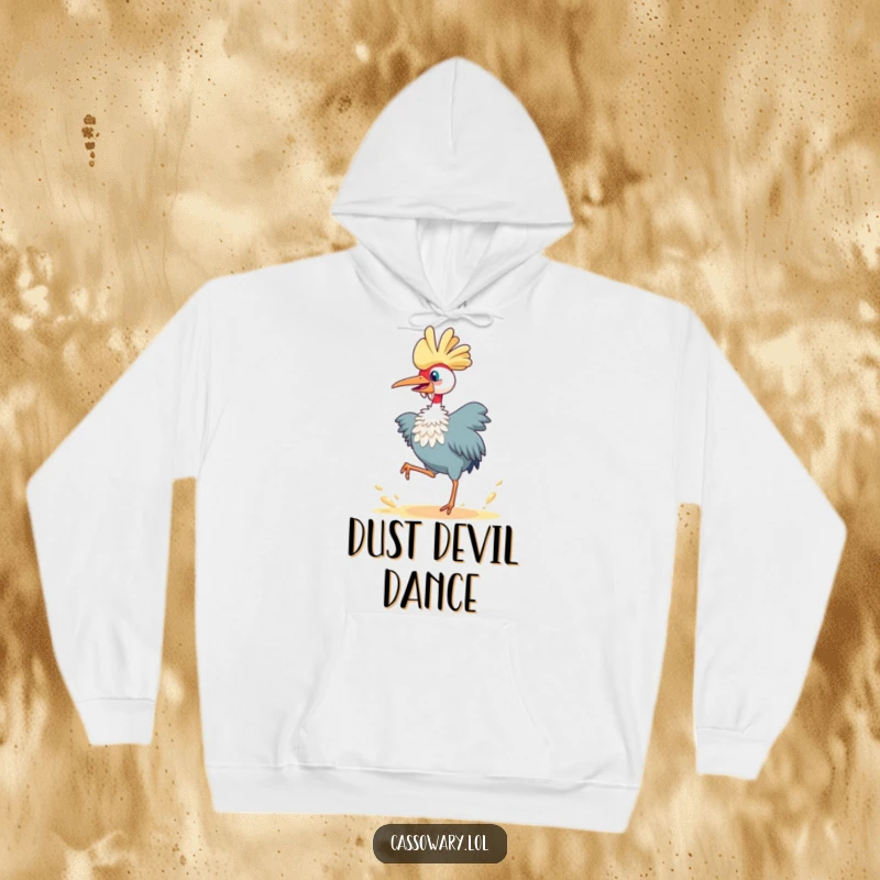Funny cassowary hoodie, a bird captured mid-joyful leap, kicking up dust, offering warmth and a humorous, energetic vibe.