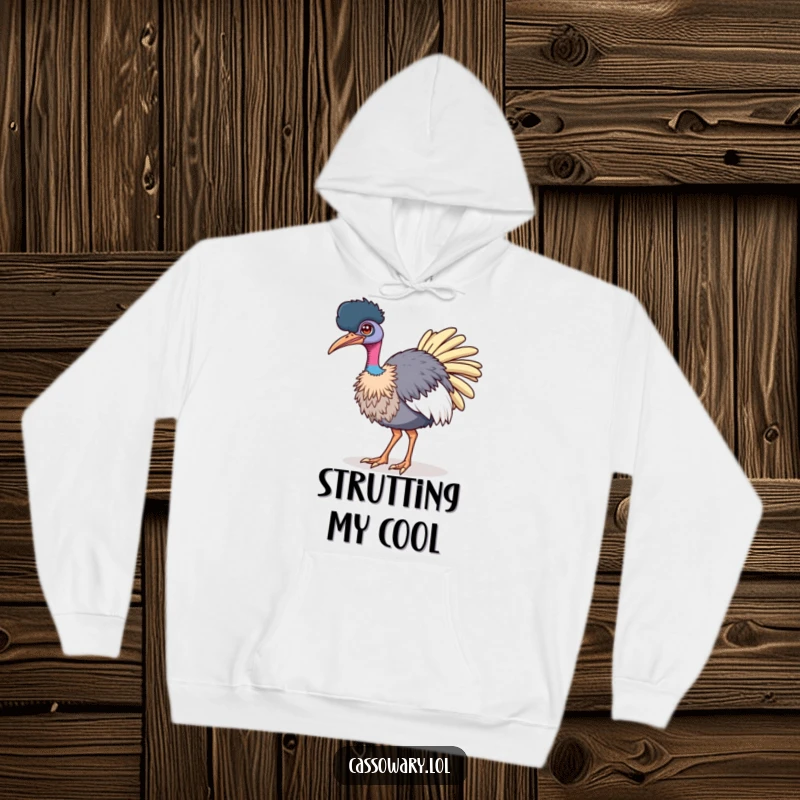 Funny hoodie featuring a cassowary winking confidently while strutting, perfect for adding a touch of bold humor.