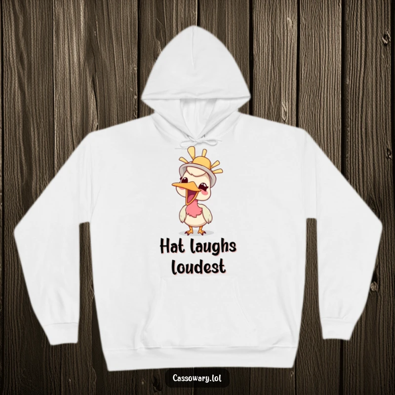 Funny hoodie featuring a cassowary giggling while wearing a silly hat, perfect for spreading warmth and humor.