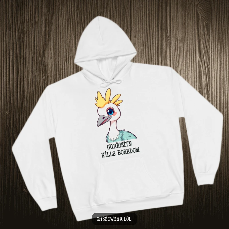 Funny Kawaii Cassowary Hoodie: A comfortable hoodie featuring a cute bird with a bright eye, curiously tilting its head.