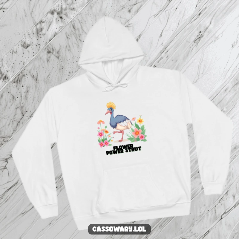Funny Cassowary Happy Dance Hoodie: A dancing cassowary among flowers, perfect for cozy days. Funny gift.