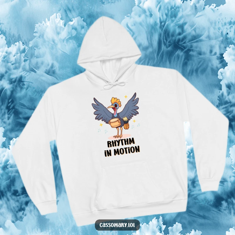 Funny hoodie showing a cassowary joyfully drumming its feet on the ground with rhythmic thuds, a cozy and energetic design.
