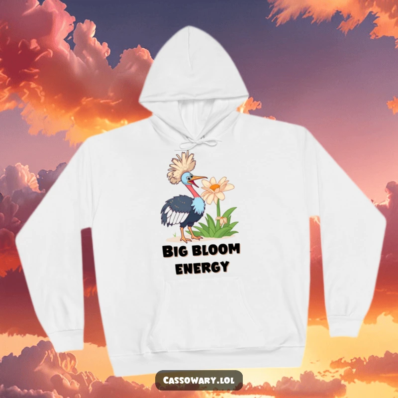 Funny cassowary bird looking enthusiastically at a giant flower, depicted on a cozy and humorous hoodie.
