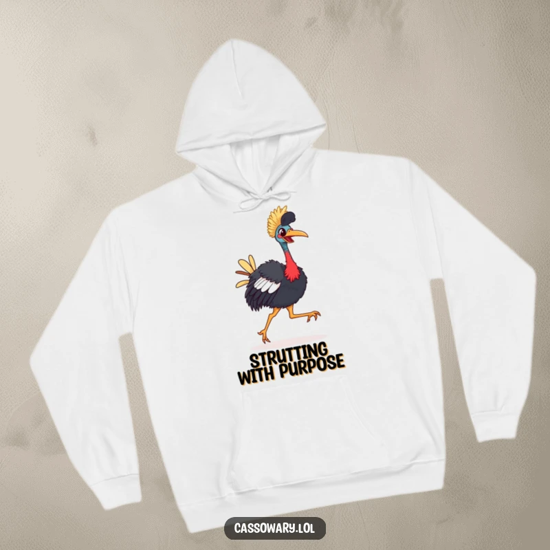 Funny Cassowary Hoodie: A brightly-beaked bird happily strutting with a comical, joyful gait, offering warmth and humor.