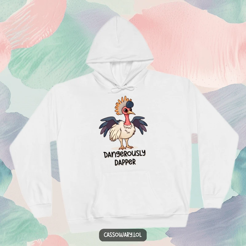 Funny cassowary hoodie showcasing a proud bird striking a striking pose with its vibrant, colorful neck feathers. Perfect for casual wear.