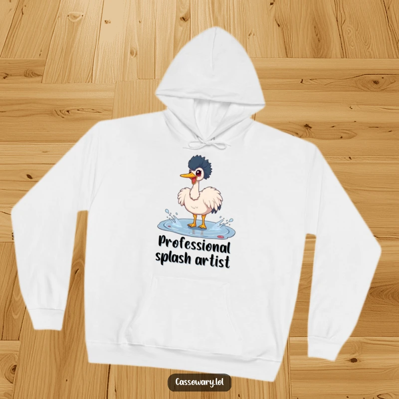 Funny cassowary hoodie featuring a happy bird joyfully splashing in a puddle, perfect for cozying up with a humorous touch.
