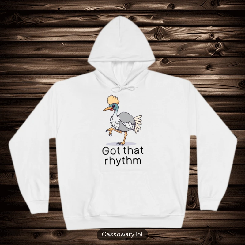 Funny cassowary hoodie, a warm hoodie depicting an enthusiastic cassowary bird performing a foot tap, embodying energy and fun.