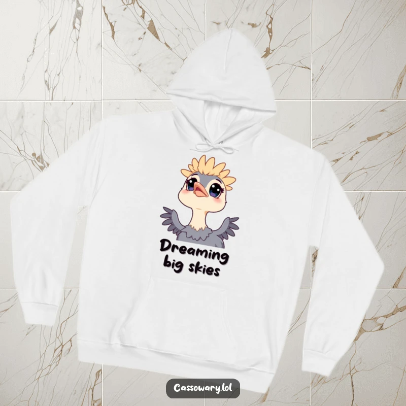 Funny hoodie depicting a kawaii cassowary with wide, expressive eyes looking up at the sky, capturing a moment of pure wonder.