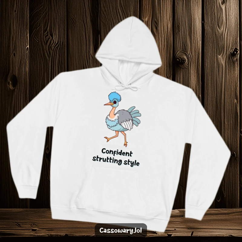 Funny hoodie depicting a kawaii cassowary strutting with puffed chest, radiating confidence and a playful, proud attitude.