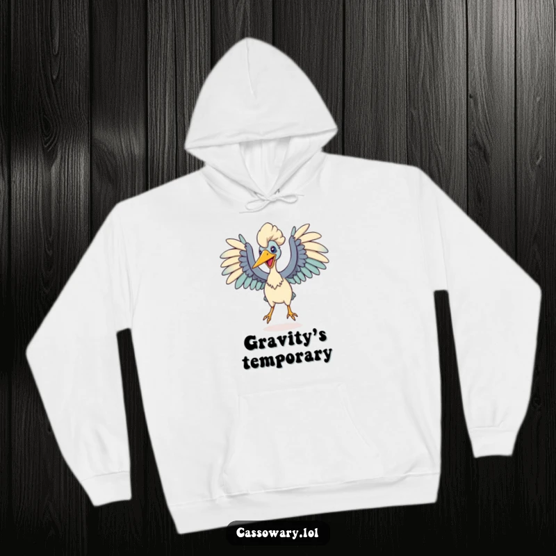 Funny hoodie featuring a cassowary with its wings fully spread, in the powerful stance of about to leap, a symbol of action.