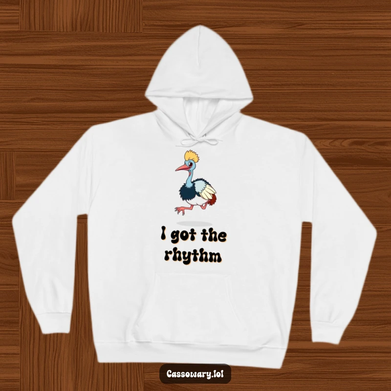 Funny cassowary hoodie illustration of a cassowary doing a comical little hop with its large feet, perfect for cozy wear.