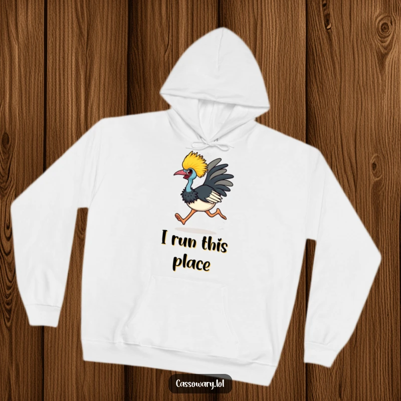 Funny cassowary hoodie showing a determined bird running with intense energy, radiating a humorous, unstoppable vibe.