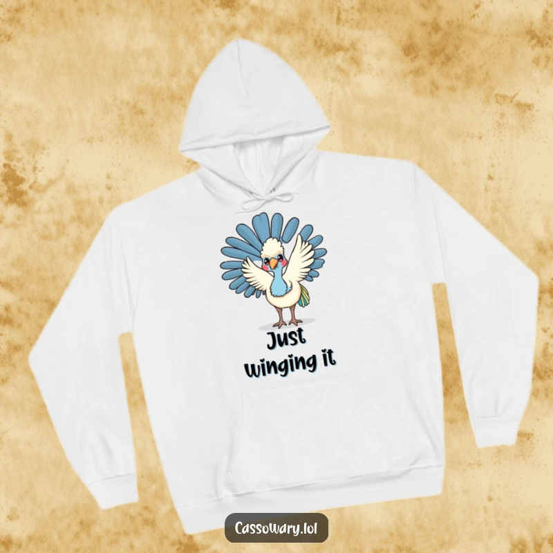 Funny kawaii cassowary hoodie featuring a friendly bird waving its wing, offering comfort and a cheerful hello.