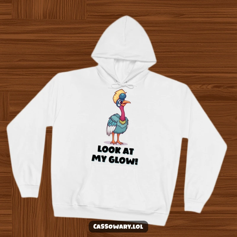 Funny cassowary hoodie showcasing a bird tilting its body to display its vibrant plumage, adding a splash of humor.
