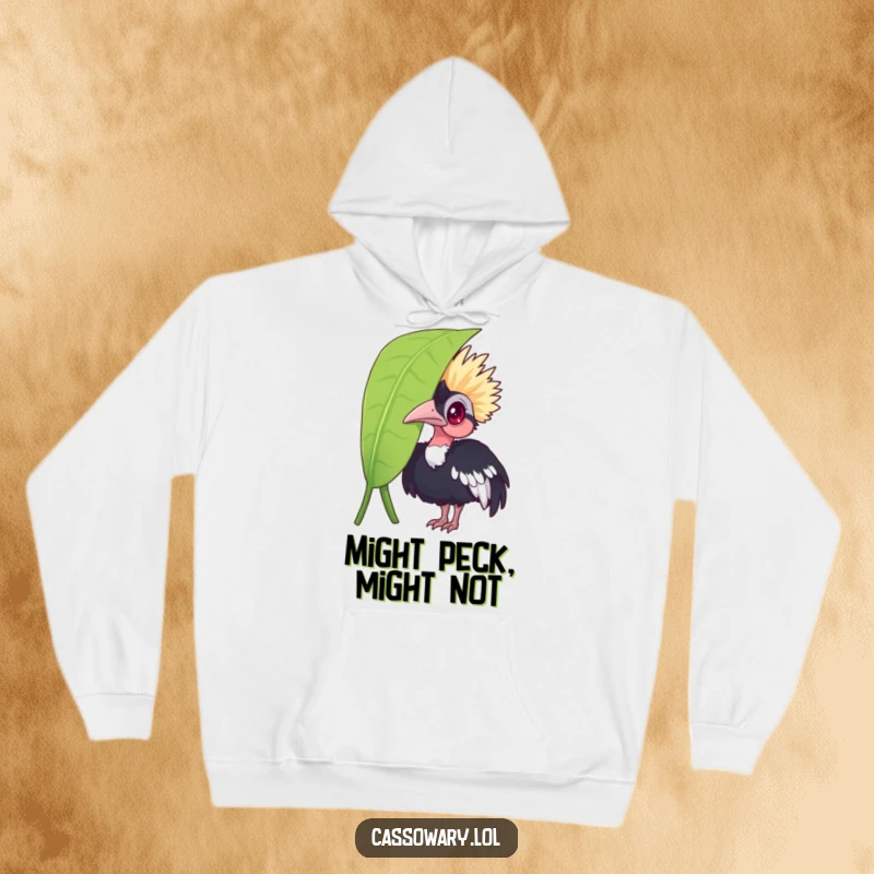 Funny cassowary hoodie, a curious bird peeking from a leaf, offering warmth and a touch of jungle mystery, perfect for gifting.