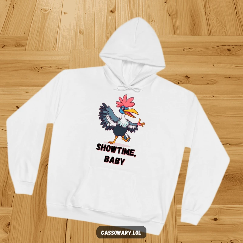 Funny cassowary hoodie featuring a vibrant, grinning bird executing a fancy dance move, perfect for comfort and lively style.