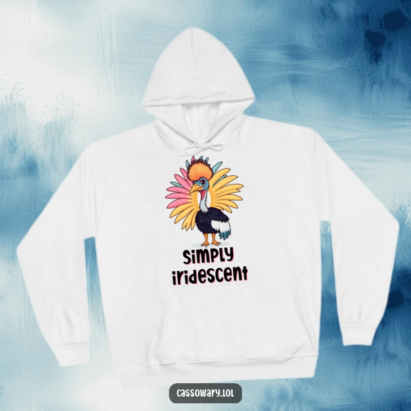 Funny cassowary hoodie with a proud bird displaying a large, colorful feather, cozy and stylish.