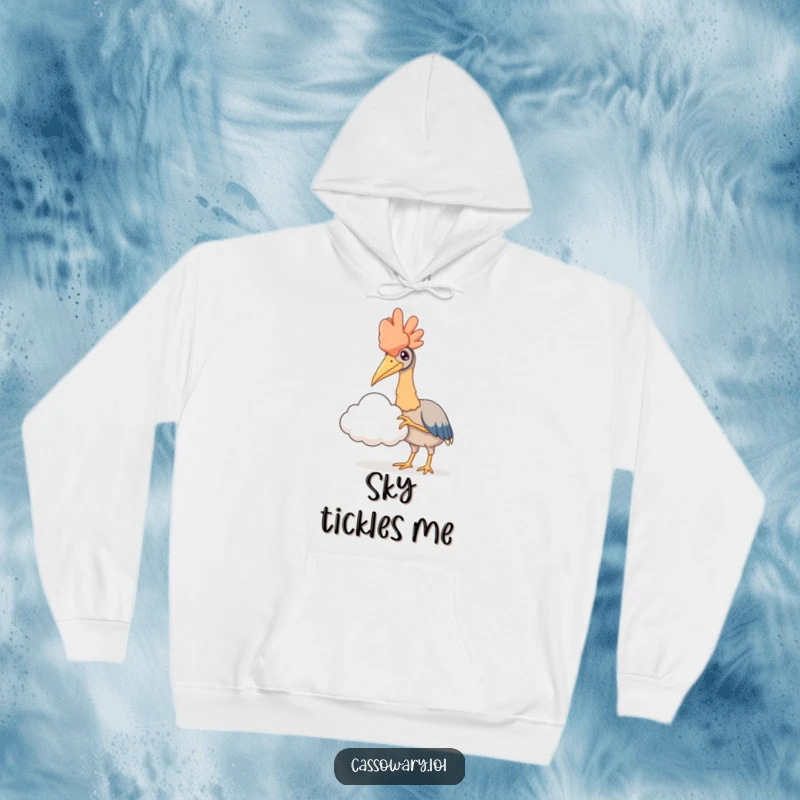 Funny hoodie showing a cassowary gently reaching a claw towards a soft cloud, offering warmth and a touch of magical realism.