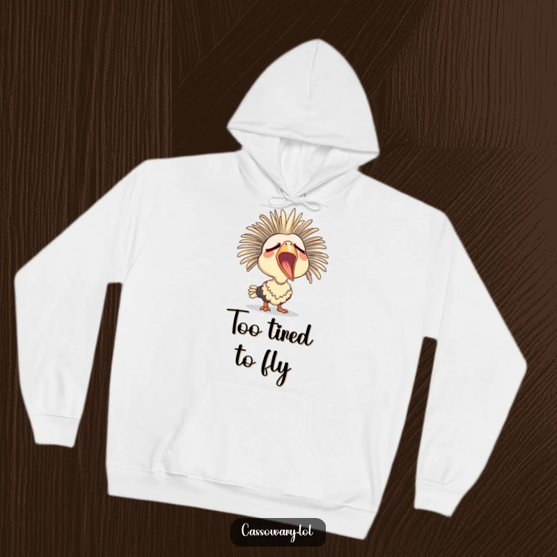 Funny hoodie featuring a cassowary yawning widely with a sleepy expression, perfect for staying warm and relaxed.