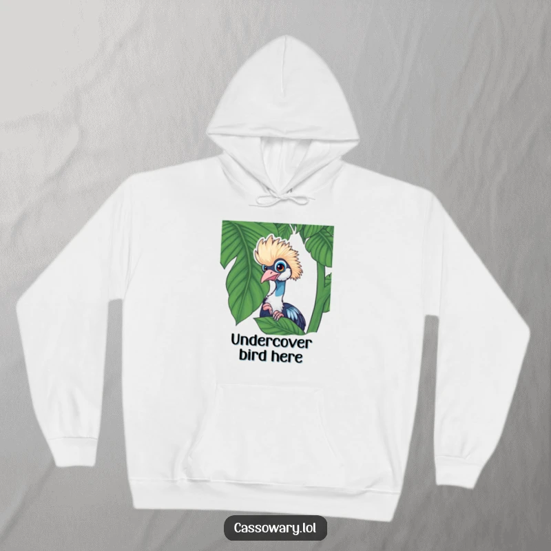 Funny cassowary hoodie illustration of a playful cassowary peeking from behind a lush tropical leaf, perfect for cozy wear.