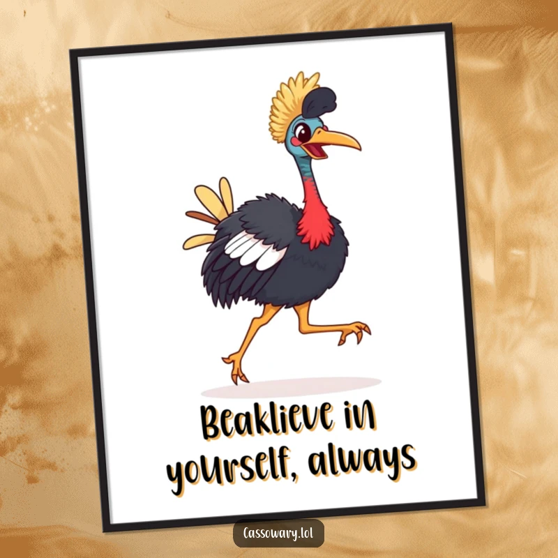 Funny Free Printable Wall Art: Cassowary with a large bright beak joyfully strutting with a comical gait, unique decor.