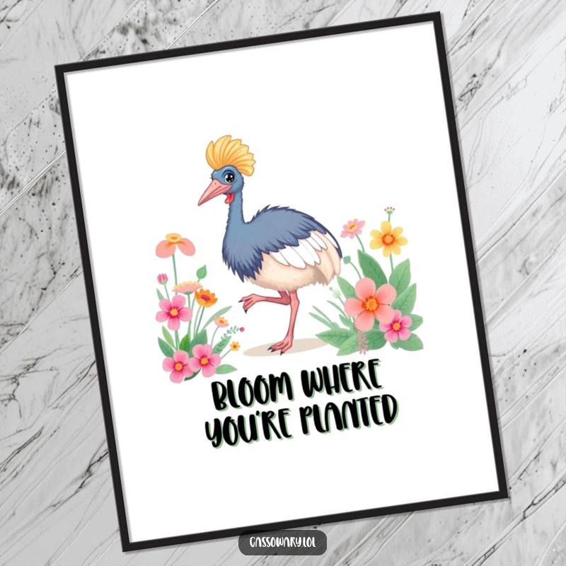 Funny free printable wall art: A cassowary is captured mid-happy dance, surrounded by a plethora of vibrant, blooming flowers.