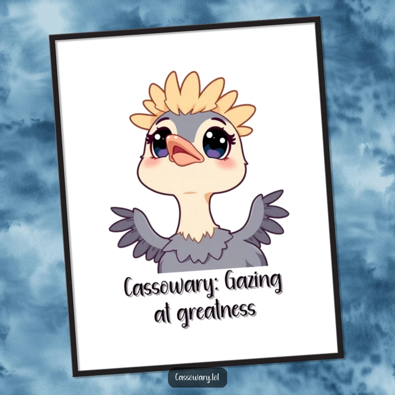 Funny Free Printable Wall Art: A kawaii cassowary with wide, curious eyes looks up at the sky, dreaming whimsical thoughts.