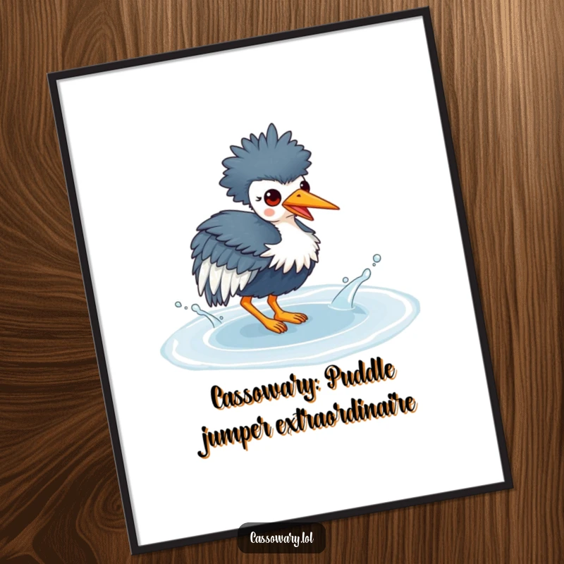 Funny Free Printable Wall Art: A kawaii cassowary in mid-splash, creating ripples of joy and playful energy on your wall.