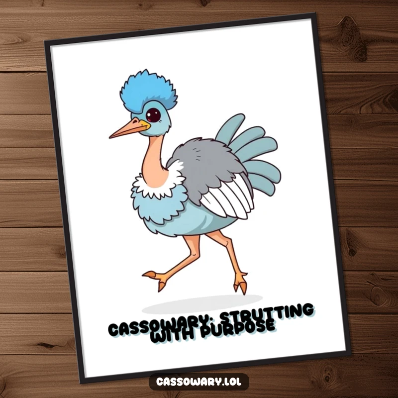 Funny Free Printable Wall Art: A kawaii cassowary struts proudly, chest puffed out, radiating confidence and quirky charm.