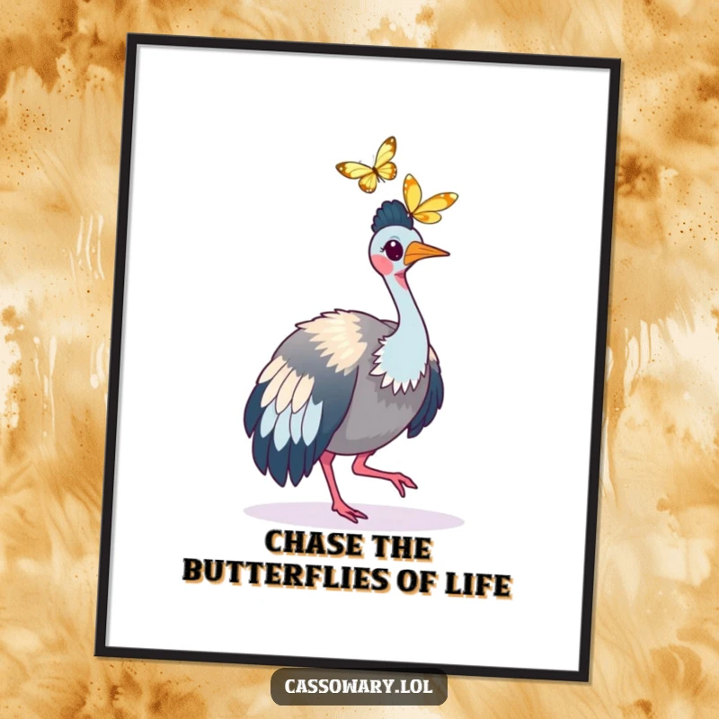 Funny free printable wall art: A cassowary is playfully chasing a delicate, fluttering butterfly amidst a scenic background.