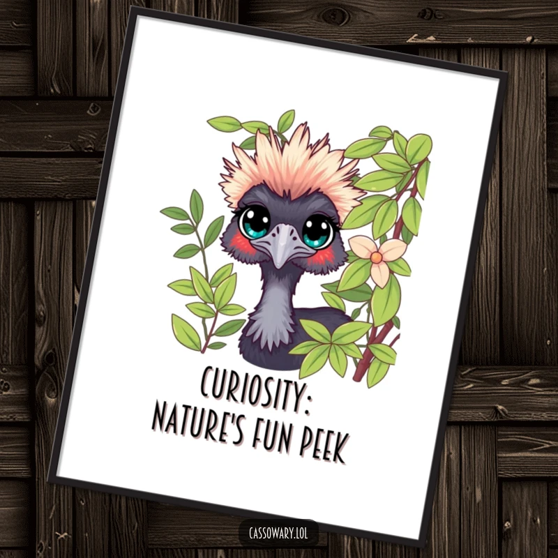 Funny free printable wall art: A cassowary with wide, curious eyes is playfully peeking out from behind dense, green foliage.