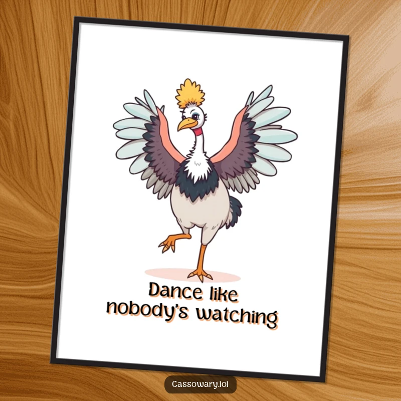 Funny Free Printable Wall Art: A cassowary happily dancing with its wings spread wide in joyful abandon.