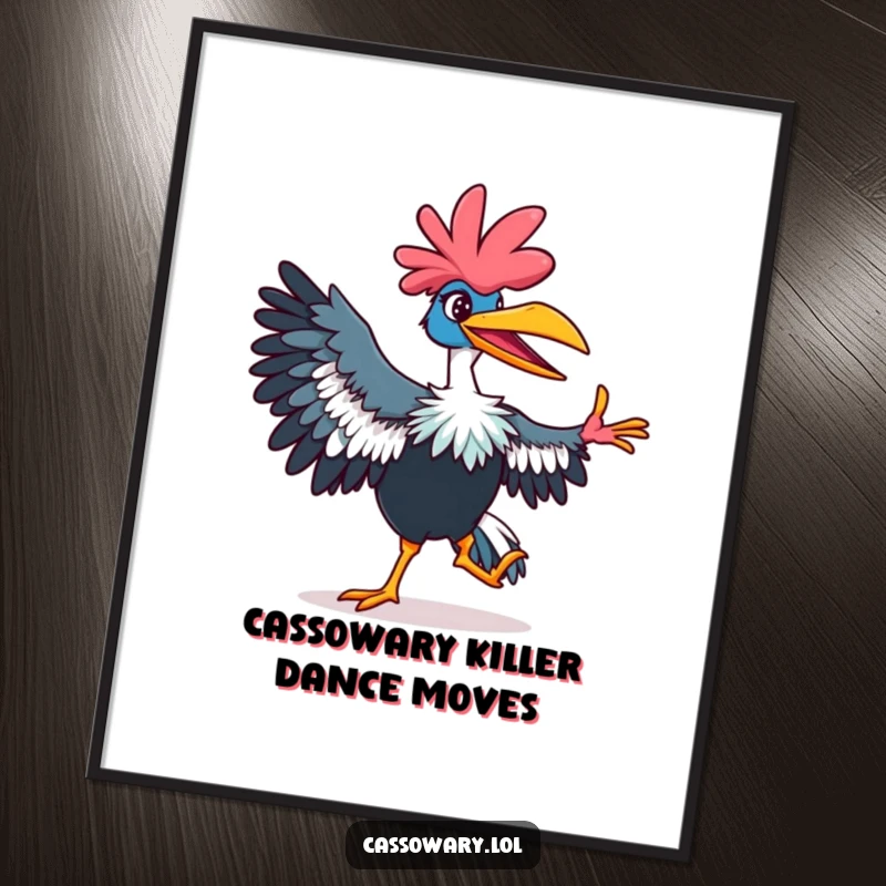 Funny Free Printable Wall Art: Vibrant cassowary with a wide, playful grin, executing a fabulous and funny dance move.