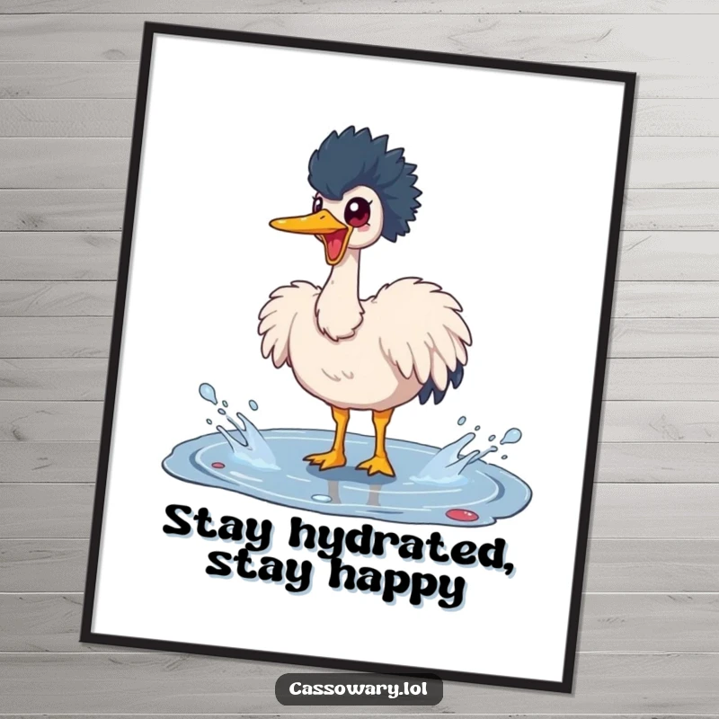 Funny Free Printable Wall Art: A happy cassowary joyfully splashing in a puddle, creating a playful scene.