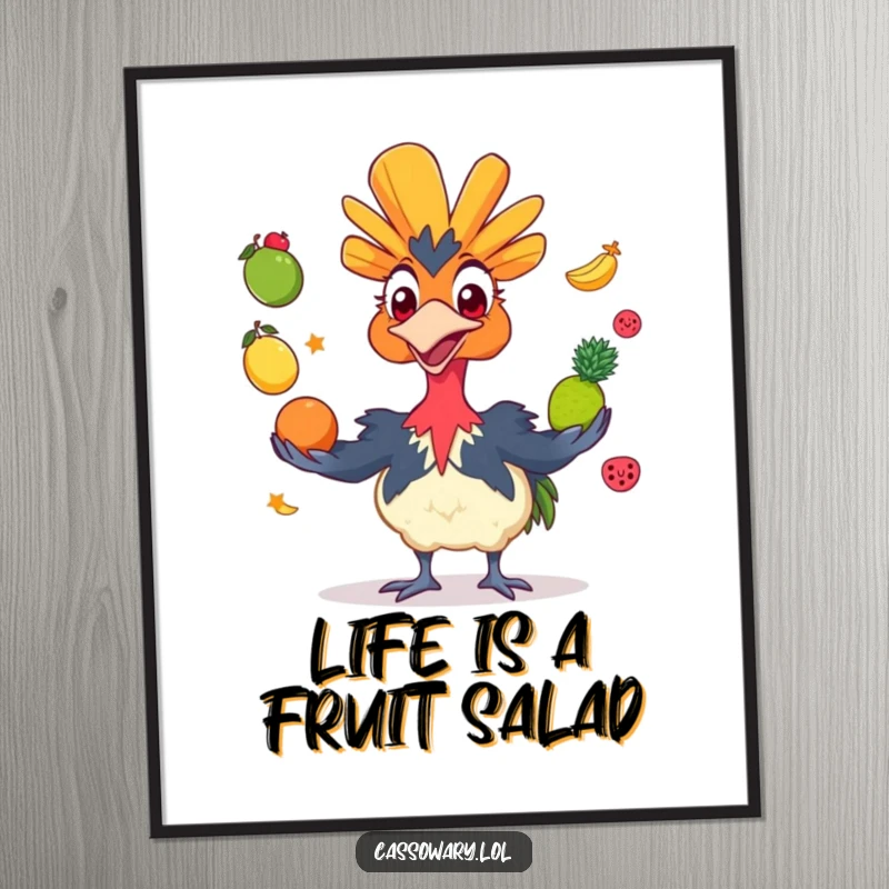 Funny Free Printable Wall Art: A cassowary grinning widely while juggling a pile of colorful fruits.