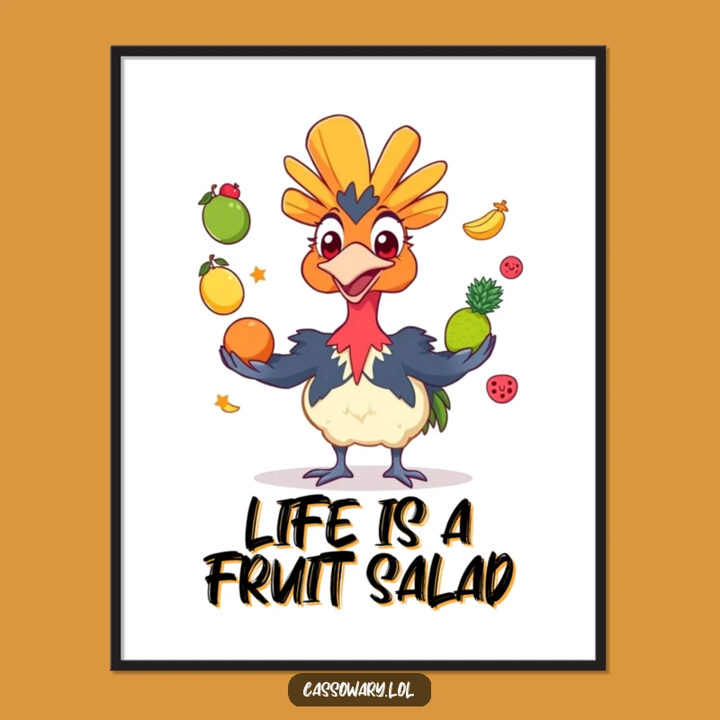 Free Printable Wall Art: Juggling Cassowary - Humorous Fruit Fiesta Downloadable Decor