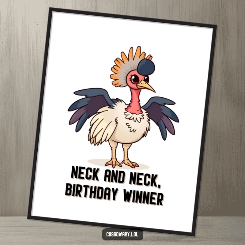 Funny Free Printable Wall Art of a proud cassowary striking a confident pose, its colorful neck feathers displayed majestically.