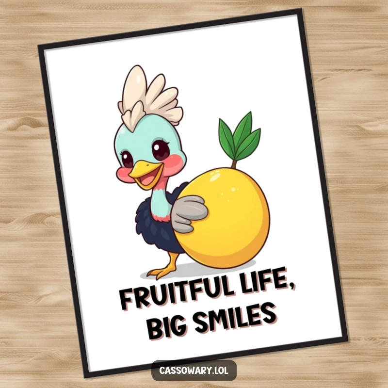 Funny free printable wall art: A cassowary beams with a bright smile while playfully nudging a large, juicy fruit.