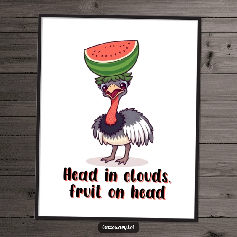 Funny free printable wall art showing a cassowary comically trying to balance a watermelon on its head, perfect DIY decor.
