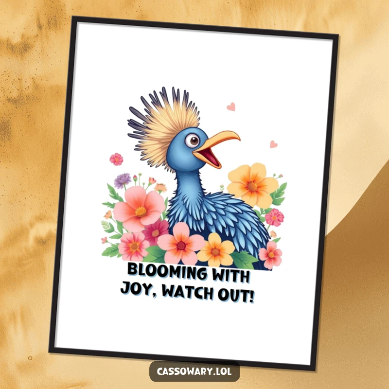 Funny Free Printable Wall Art: A cassowary squawking joyfully amongst colorful flowers, vibrant cartoon style.