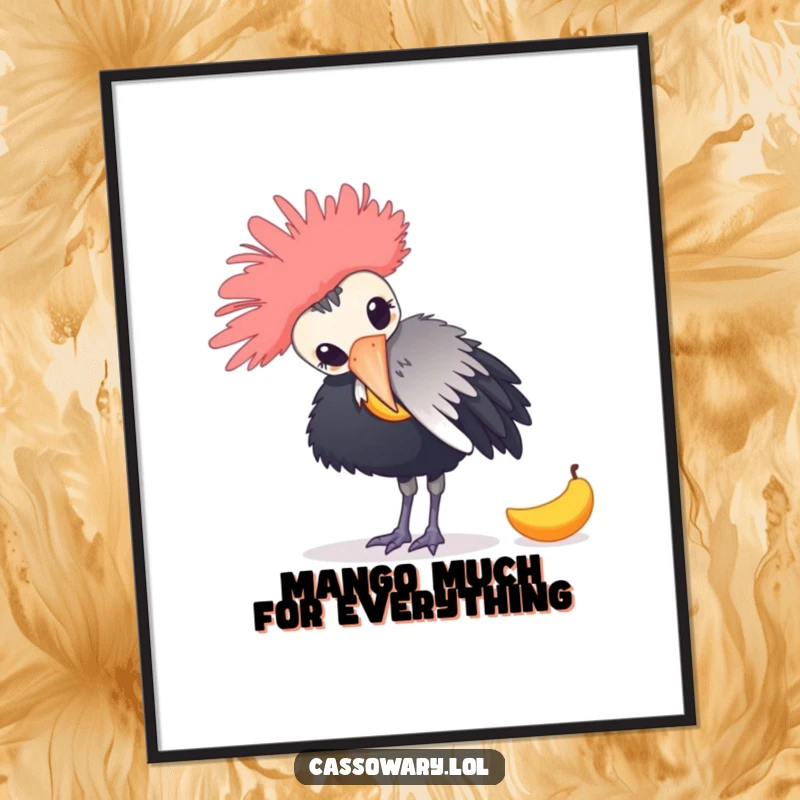 Funny Free Printable Cassowary Wall Art: Bird playfully nudging a mango, bringing quirky humor to decor.