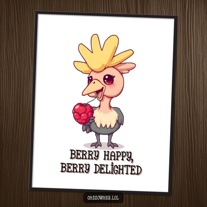 Funny Free Printable Cassowary Wall Art, a happy bird delighting in a juicy berry, perfect for unique DIY decor.