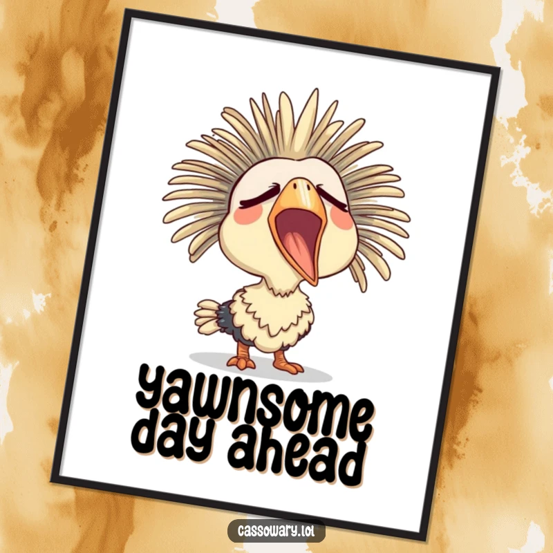 Funny Free Printable Sleepy Cassowary Wall Art: Bird yawning with a sleepy expression, promoting relaxation and humor.