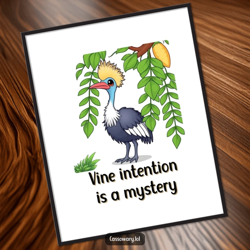 Funny Free Printable Wall Art of a curious cassowary tilting its head, quirky downloadable art for home decor.